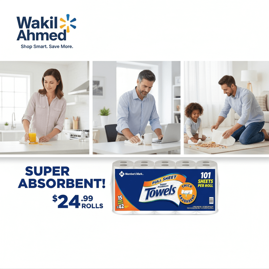 Member's Mark Full Sheet 2-Ply Paper Towel 15 Rolls, strong and ultra-absorbent for kitchen cleaning, 101 sheets per roll.