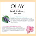 Olay Fresh Radiance Body Wash ingredients featuring Birch Water, Lavender, Rose Water, and Sweet Nectar.