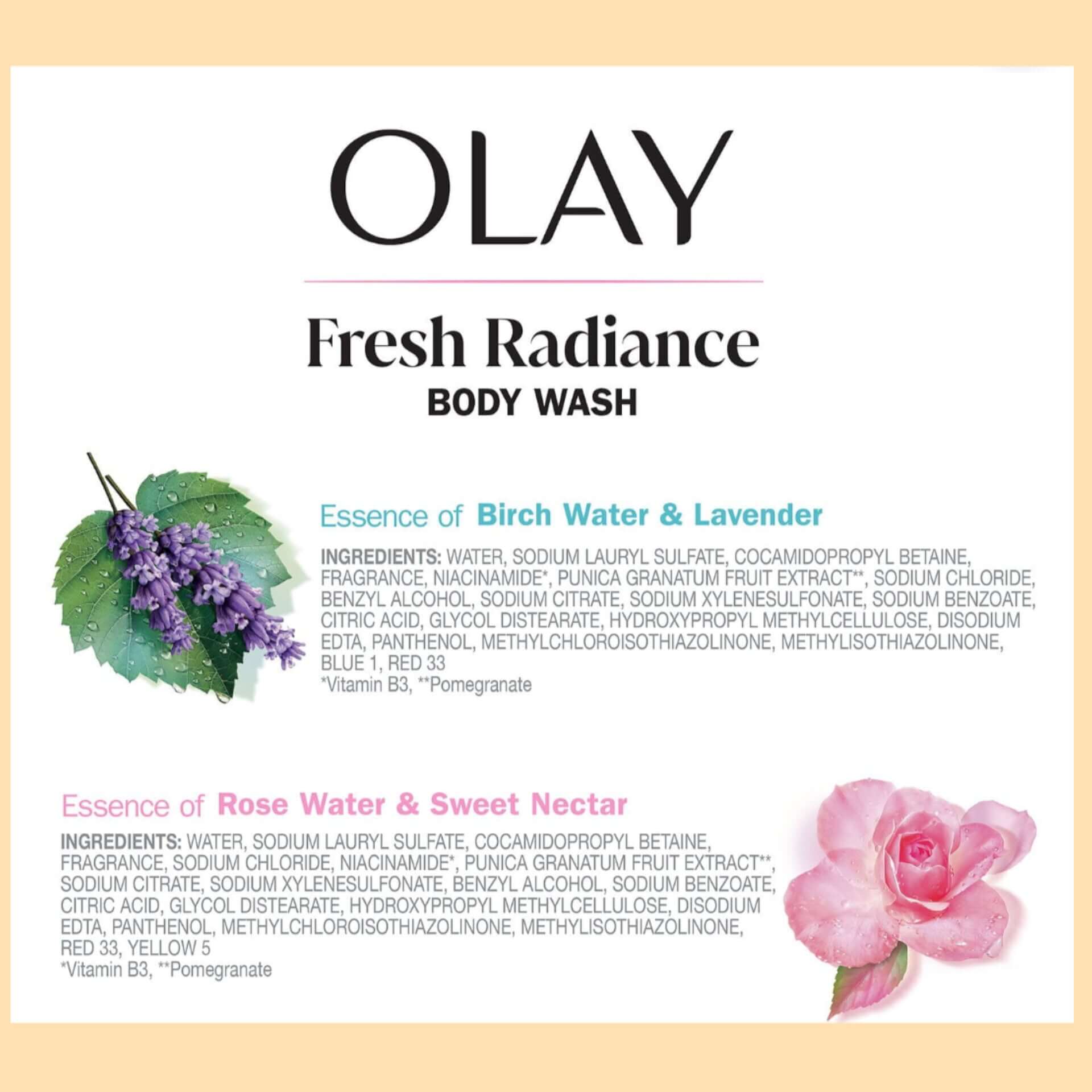Olay Fresh Radiance Body Wash ingredients featuring Birch Water, Lavender, Rose Water, and Sweet Nectar.