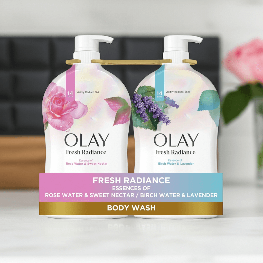 Olay Fresh Radiance Body Wash, 35oz, 2-Pack with rose water and lavender scent.