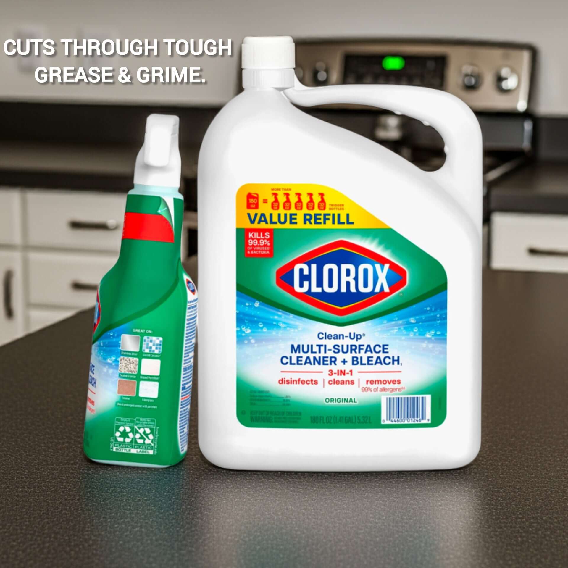 Clorox All-Purpose Cleaner with Bleach Spray and Refill Pack on a kitchen counter for tough grease and grime removal.