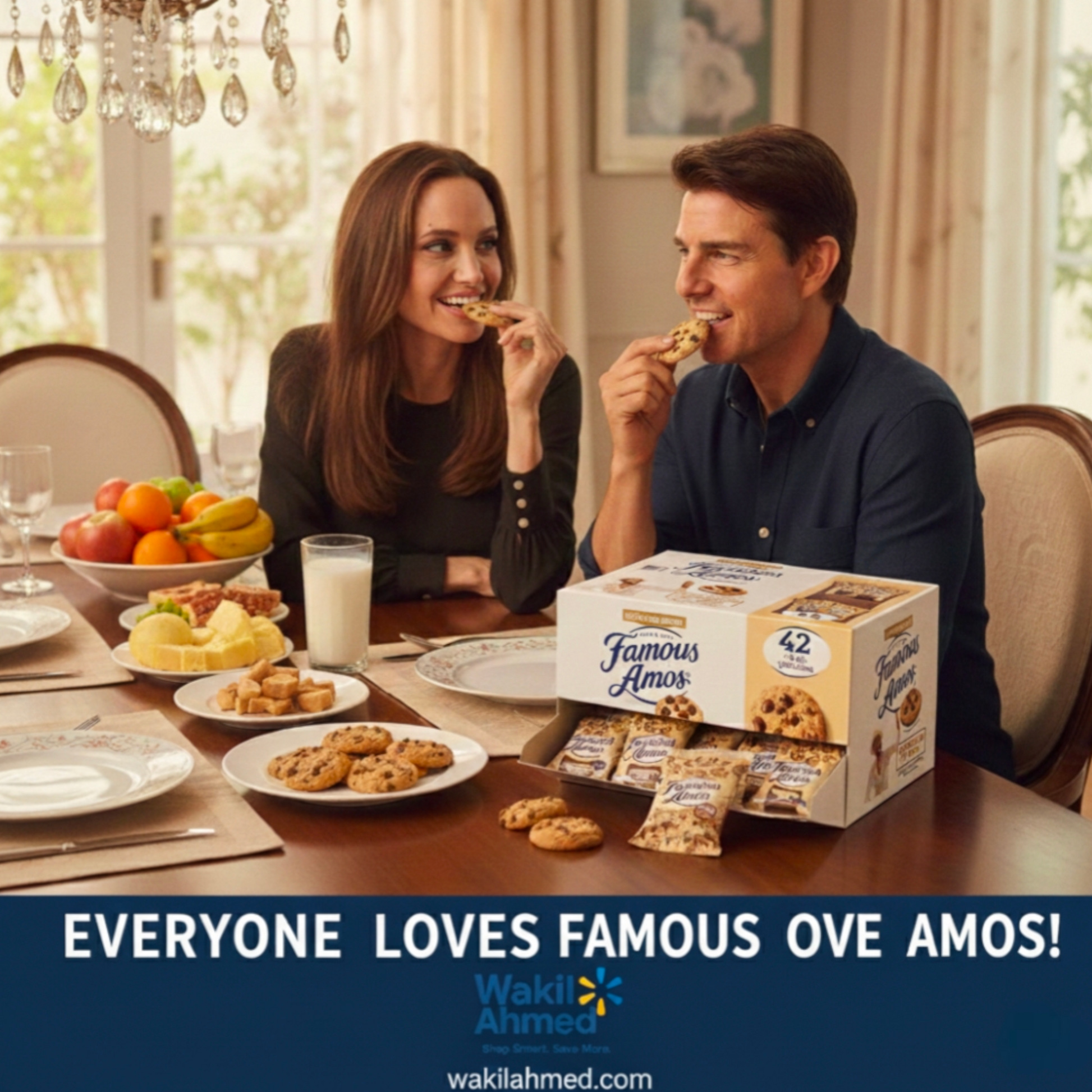 Couple enjoying cookies at a dining table with a box of Famous Amos cookies in the foreground.