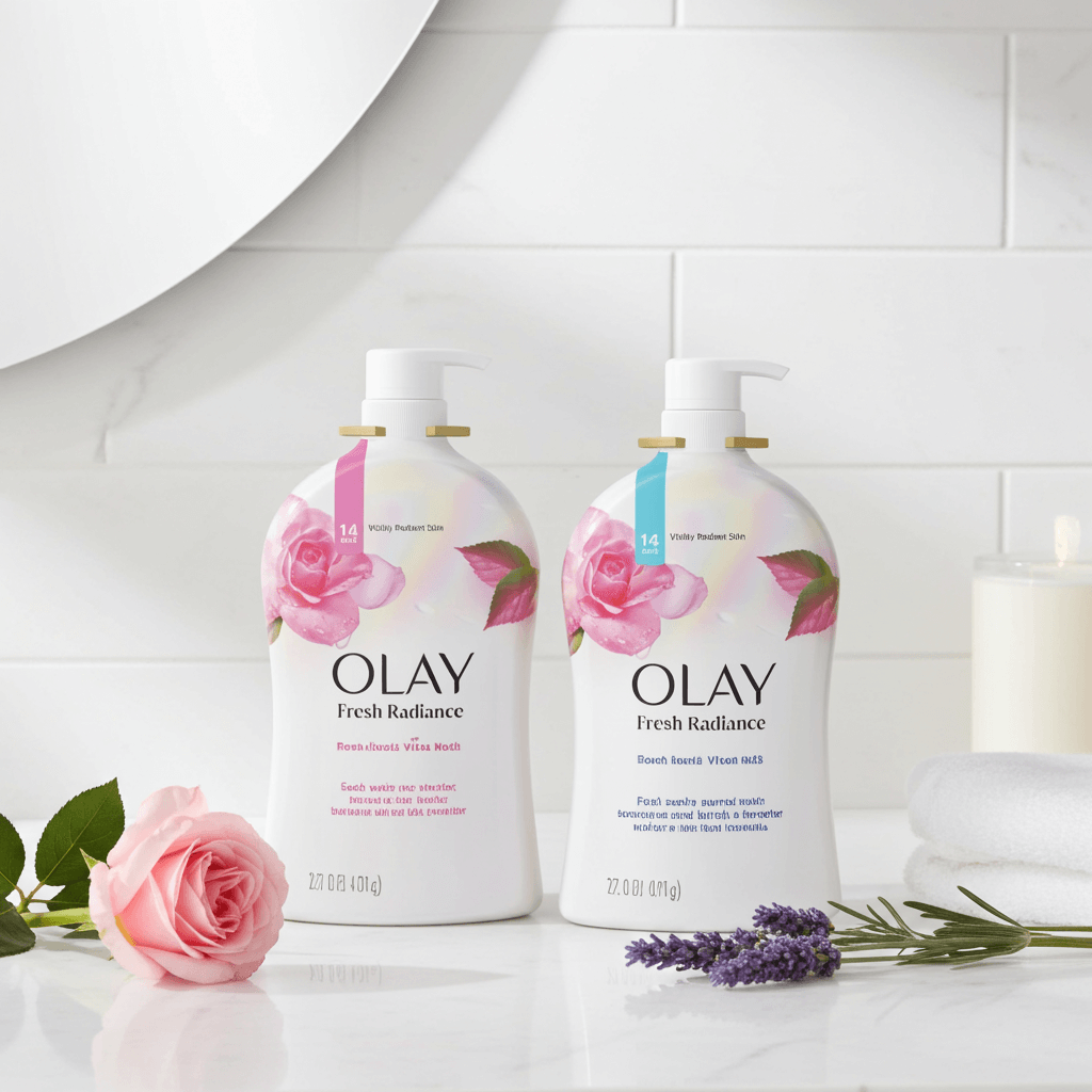 Olay Fresh Radiance Body Wash, 35oz bottles, with rose and lavender, promoting soft, glowing skin, 2-pack.