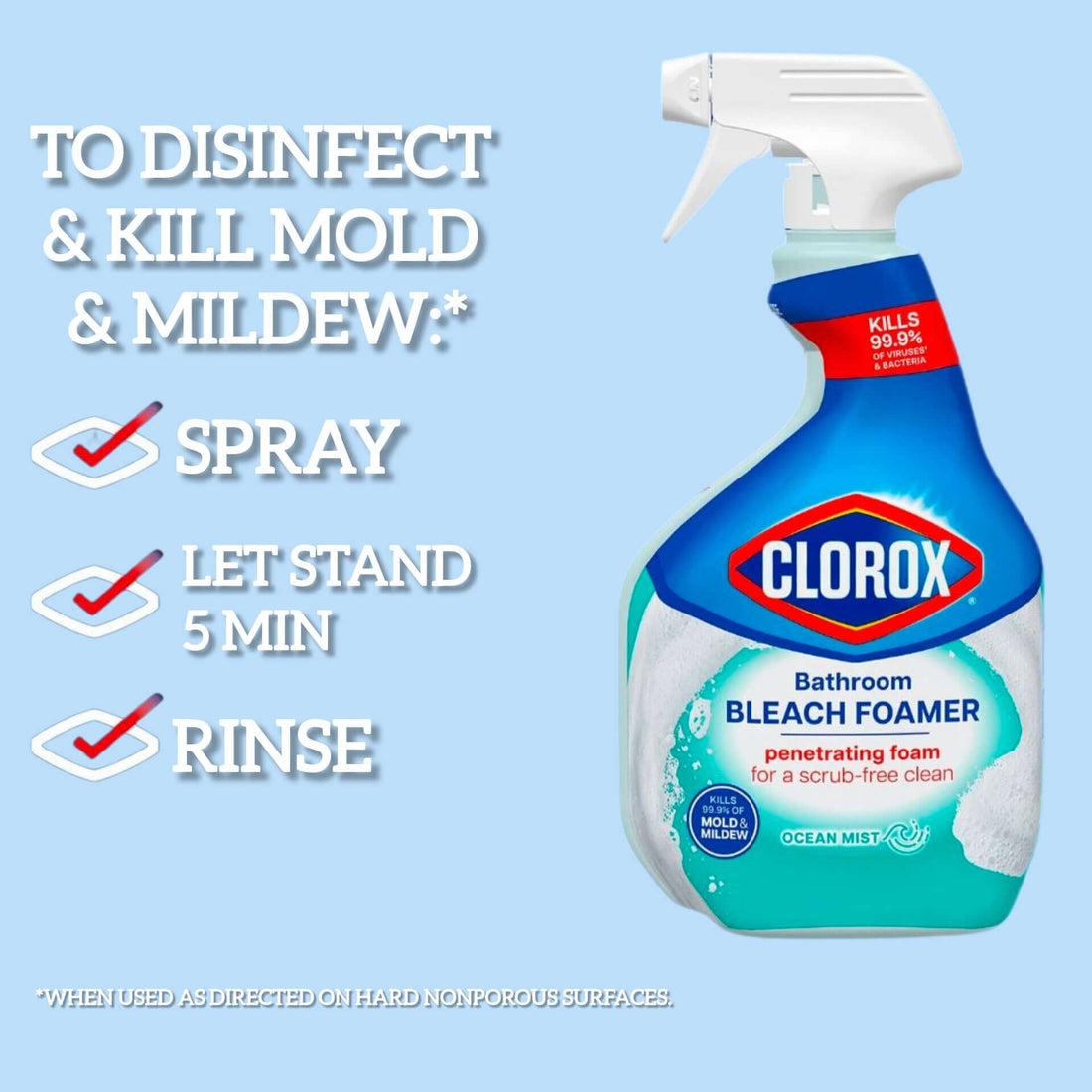Clorox Bathroom Bleach Foamer spray bottle with Ocean Mist scent, instructions for disinfecting and killing mold.