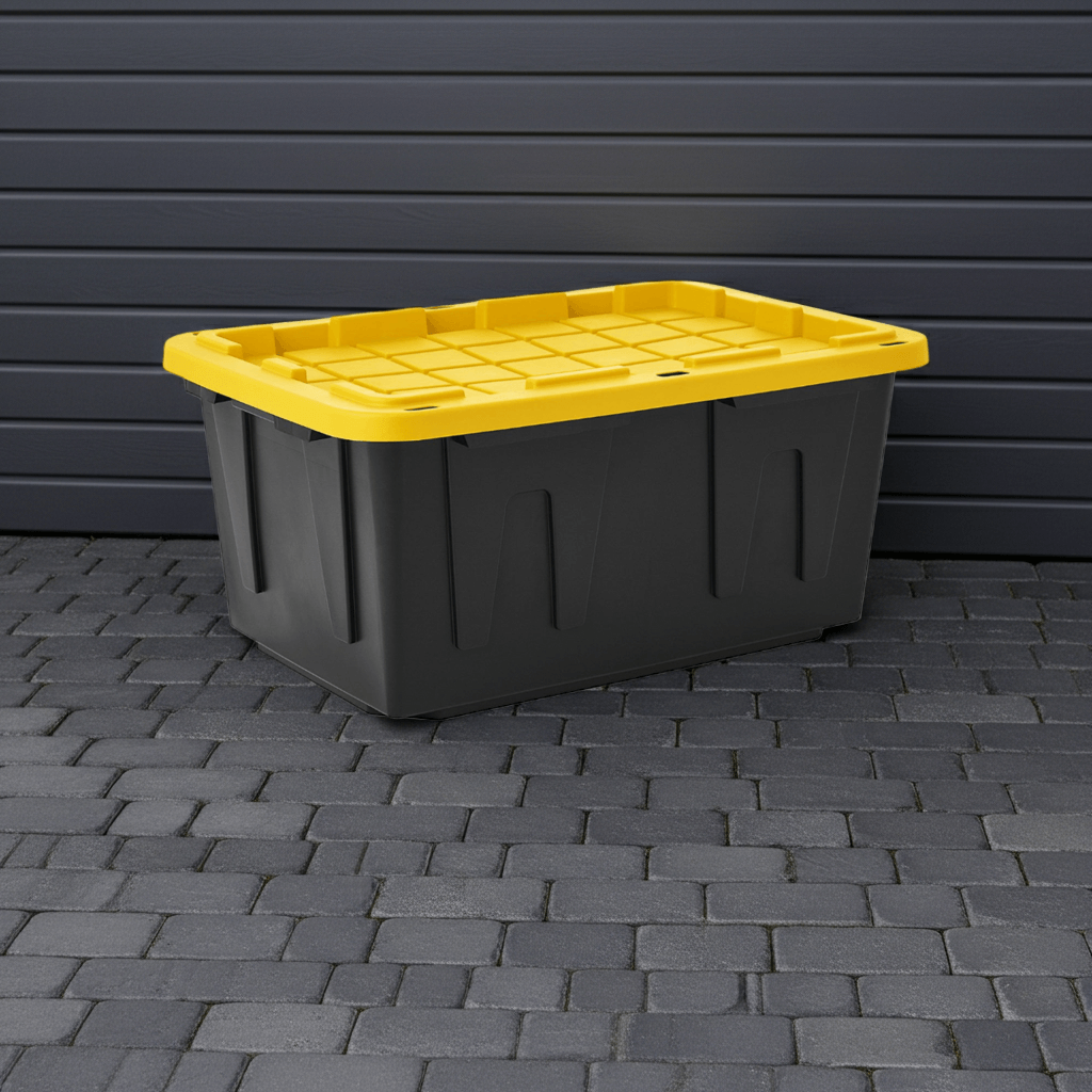 Member's Mark 27 Gallon Heavy-Duty Storage Tote in black with yellow lid, ideal for robust storage solutions.