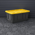 Member's Mark 27 Gallon Heavy-Duty Storage Tote with black base and yellow lid, ideal for durable storage solutions.