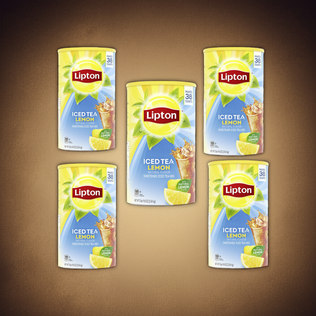 Close-up of Lipton® Iced Tea Mix label with preparation table for glasses, pitchers, and large containers, highlighting lemon flavor and family use.