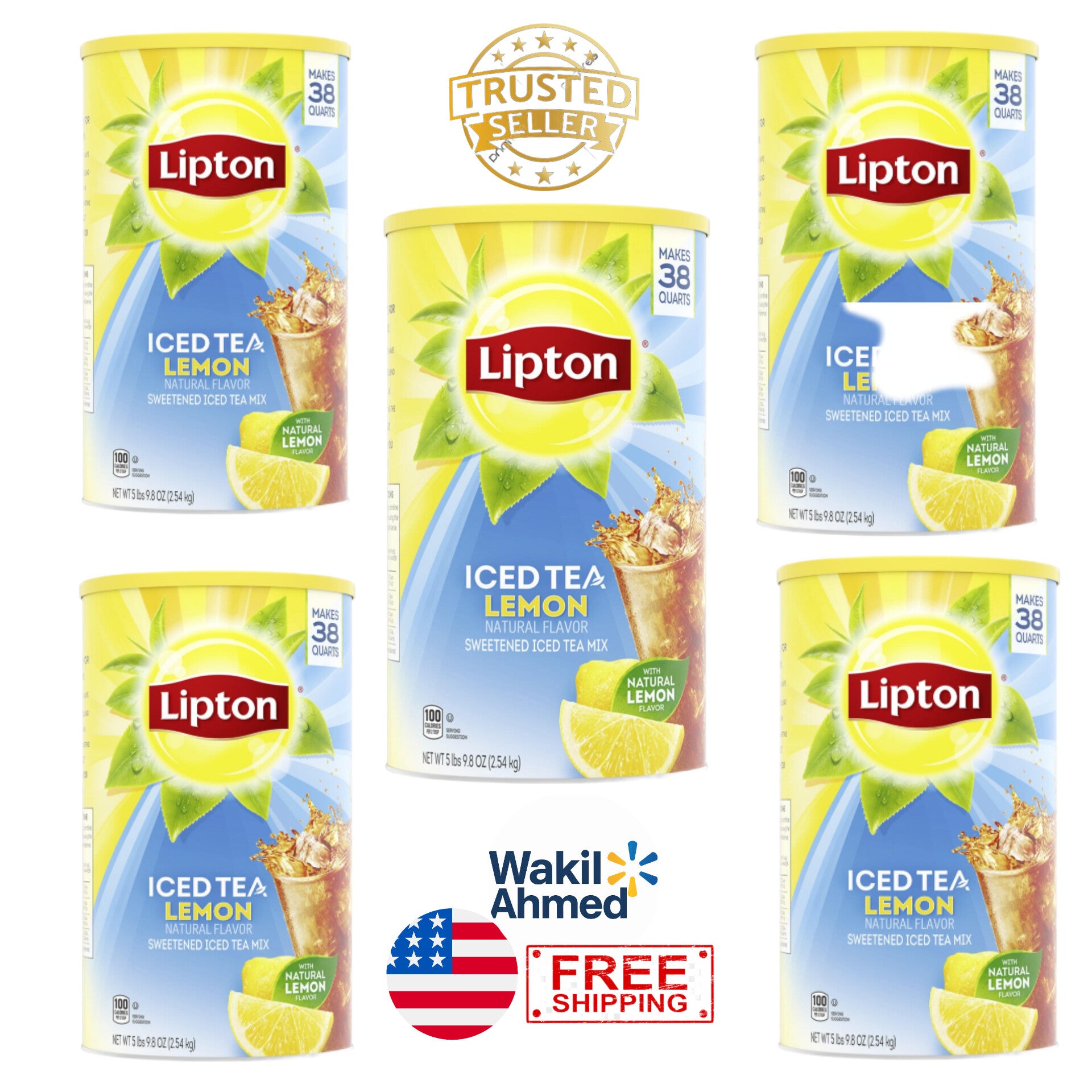 Lipton® Iced Tea Mix packaging with preparation directions and mixing ratios for various serving sizes, featuring lemon flavor and a bright, refreshing theme. 