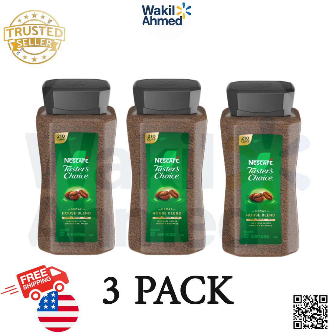 Box of NESCAFE Taster's Choice Decaf House Blend instant coffee, featuring 210 cups, 3-pack with free shipping, labeled 'Trusted Seller' and 'Wakil Ahmed.