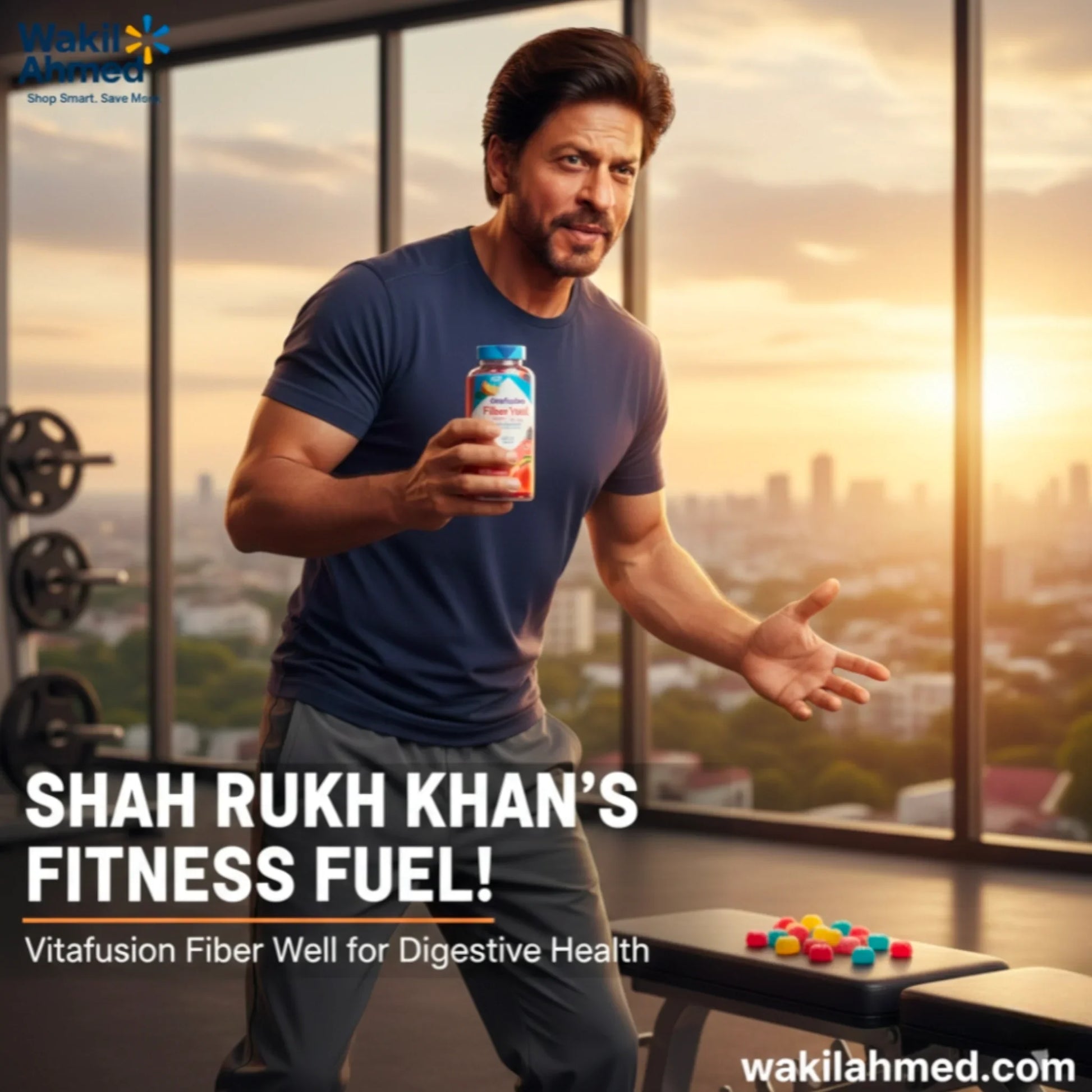 Shahrukh Khan holding a supplement bottle with a cityscape background, promoting Vitafusion Fiber Well.
