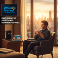 SRK sitting in a chair holding a coffee cup with a cityscape view, featuring Member's Mark brand.