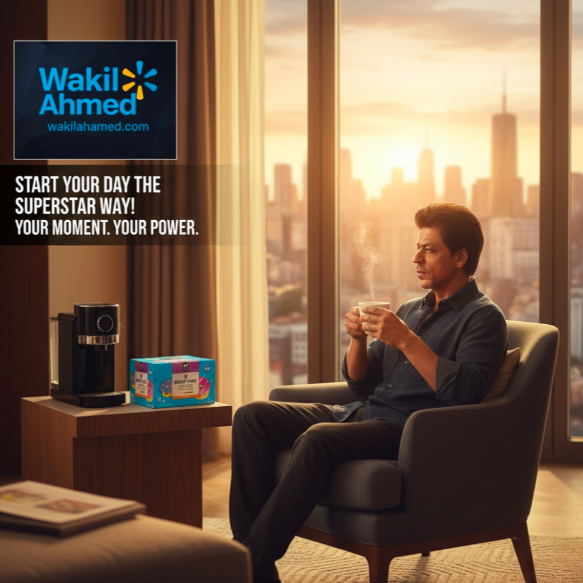SRK sitting in a chair holding a coffee cup with a cityscape view, featuring Member's Mark brand.