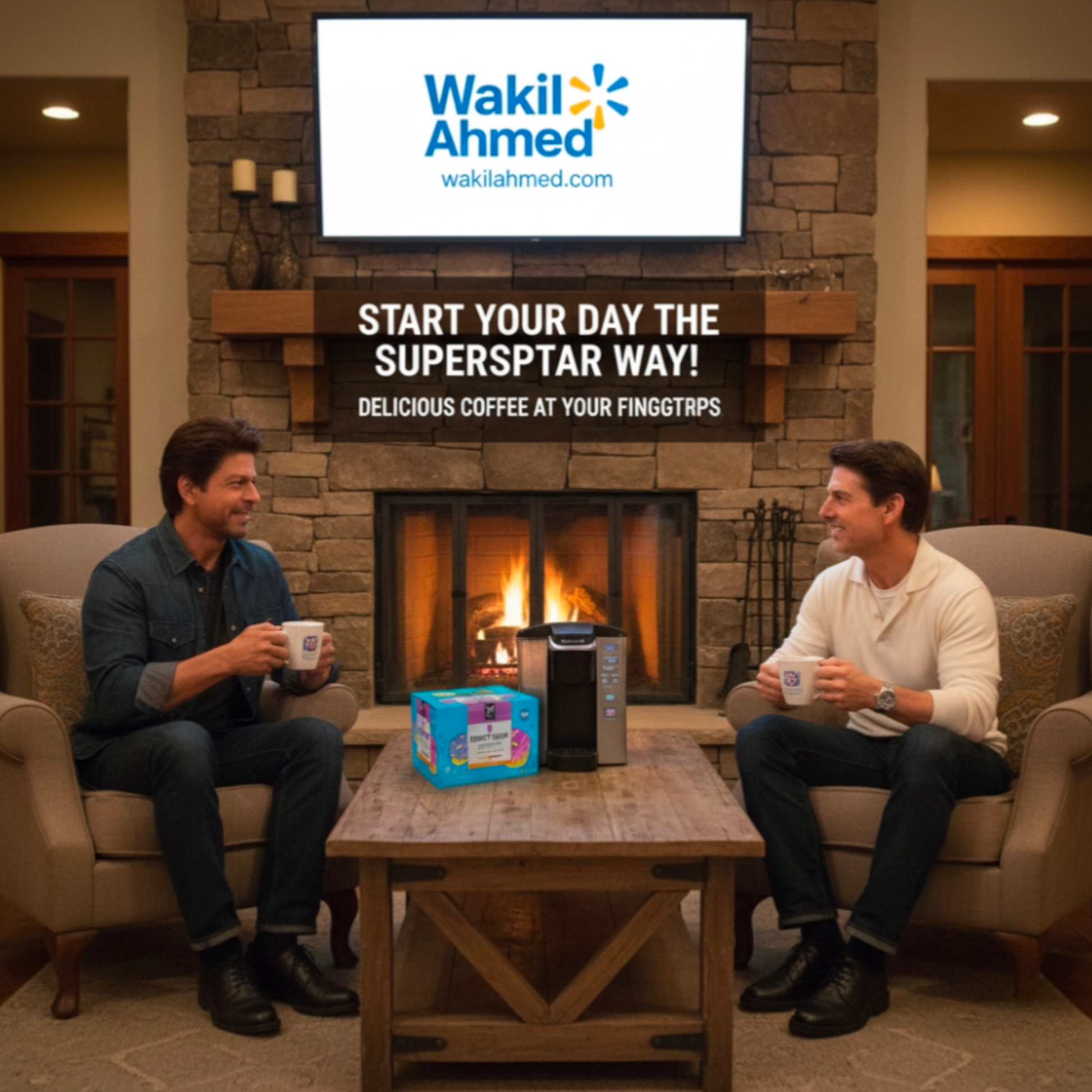 srk and tom cruise sitting in a cozy living room with a fireplace, holding coffee cups, and a TV screen displaying 'Wakil Ahmed' advertisement.
