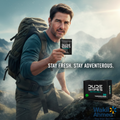 Tom Cruise with backpack holding DUDE WIPES in a mountainous landscape with text 'Stay Fresh. Stay Adventurous'.