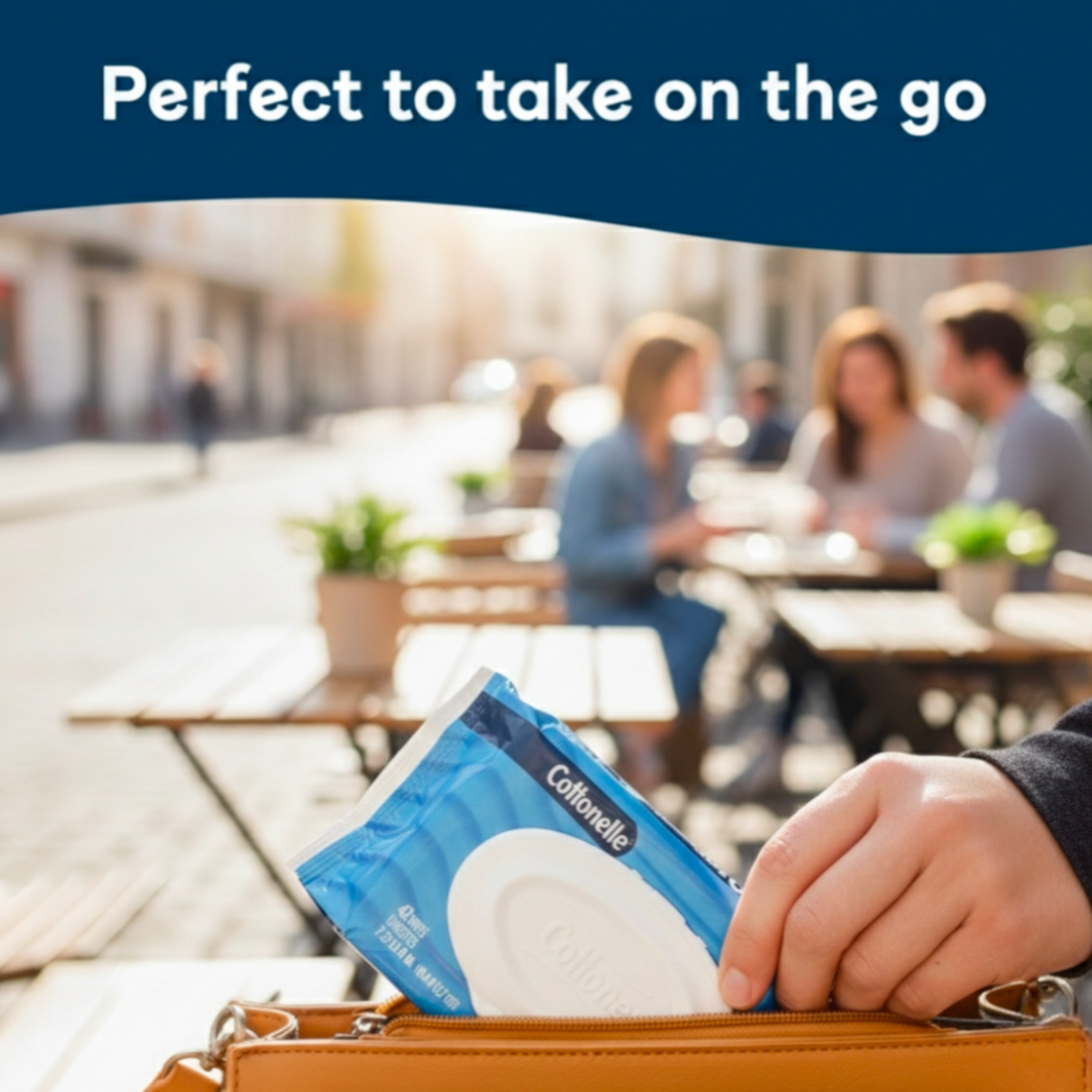 Cottonelle Flushable wipes packet held by a hand with people sitting at outdoor tables in the background.