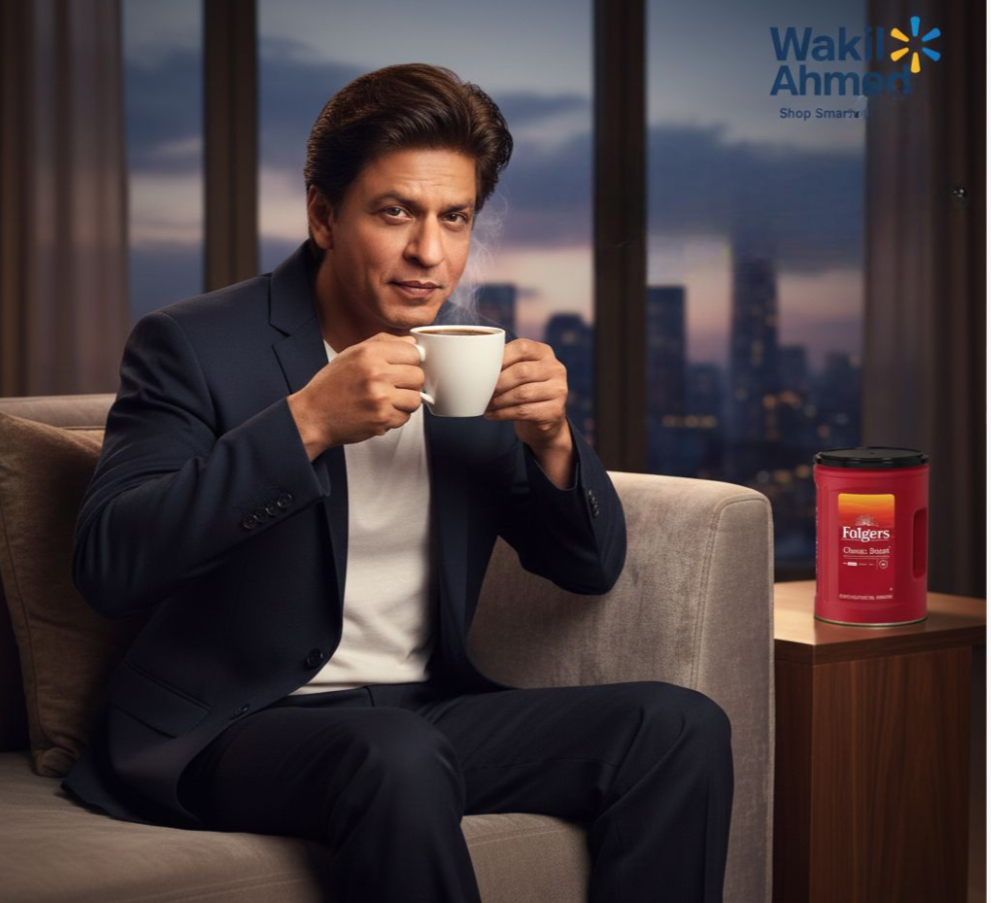 بِسْمِ ٱللَّٰهِ ٱلرَّحْمَٰنِ ٱلرَّحِيمِ
إِنَّا فَتَحْنَا لَكَ فَتْحًا مُّبِينًا.
نَصْرُ من اللَّهِ وَفَتَحْ قَرِيب
Shah Rukh Khan (King Khan) in a suit holding a coffee cup with a cityscape background and Folgers coffee can.