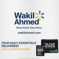 Advertisement for Wakil Ahmed with Dude Wipes packaging on a light gray background
