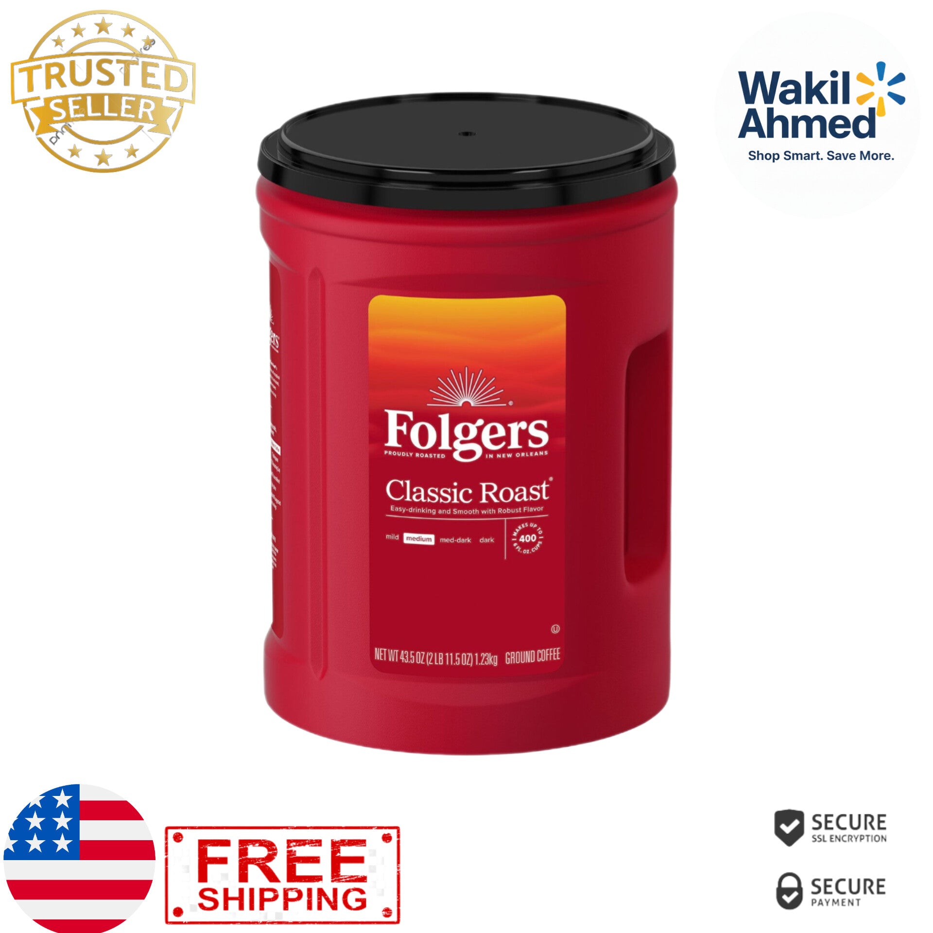 بِسْمِ ٱللَّٰهِ ٱلرَّحْمَٰنِ ٱلرَّحِيمِ
إِنَّا فَتَحْنَا لَكَ فَتْحًا مُّبِينًا.
نَصْرُ من اللَّهِ وَفَتَحْ قَرِيب
Red Folgers coffee canister with branding and logos on a white background