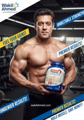 Muscular man Salman khan holding a protein supplement with promotional text in a gym setting