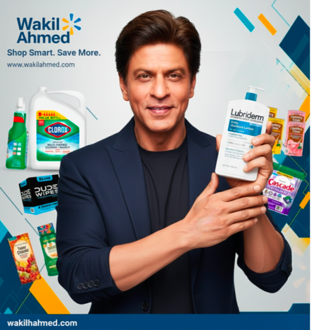 بِسْمِ ٱللَّٰهِ ٱلرَّحْمَٰنِ ٱلرَّحِيمِ
إِنَّا فَتَحْنَا لَكَ فَتْحًا مُّبِينًا.
Shahrukh Khan holding Lubriderm product with various cleaning supplies in the background, featuring Wakil Ahmed brand.