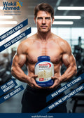 Muscular man Tom Cruise holding a protein supplement with promotional text and Wakil Ahmed branding.