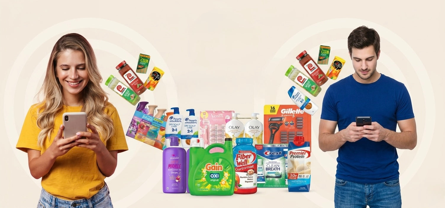 Smartphone displaying a shopping app with various products around it on a light background1621243260e1af0c20-0
