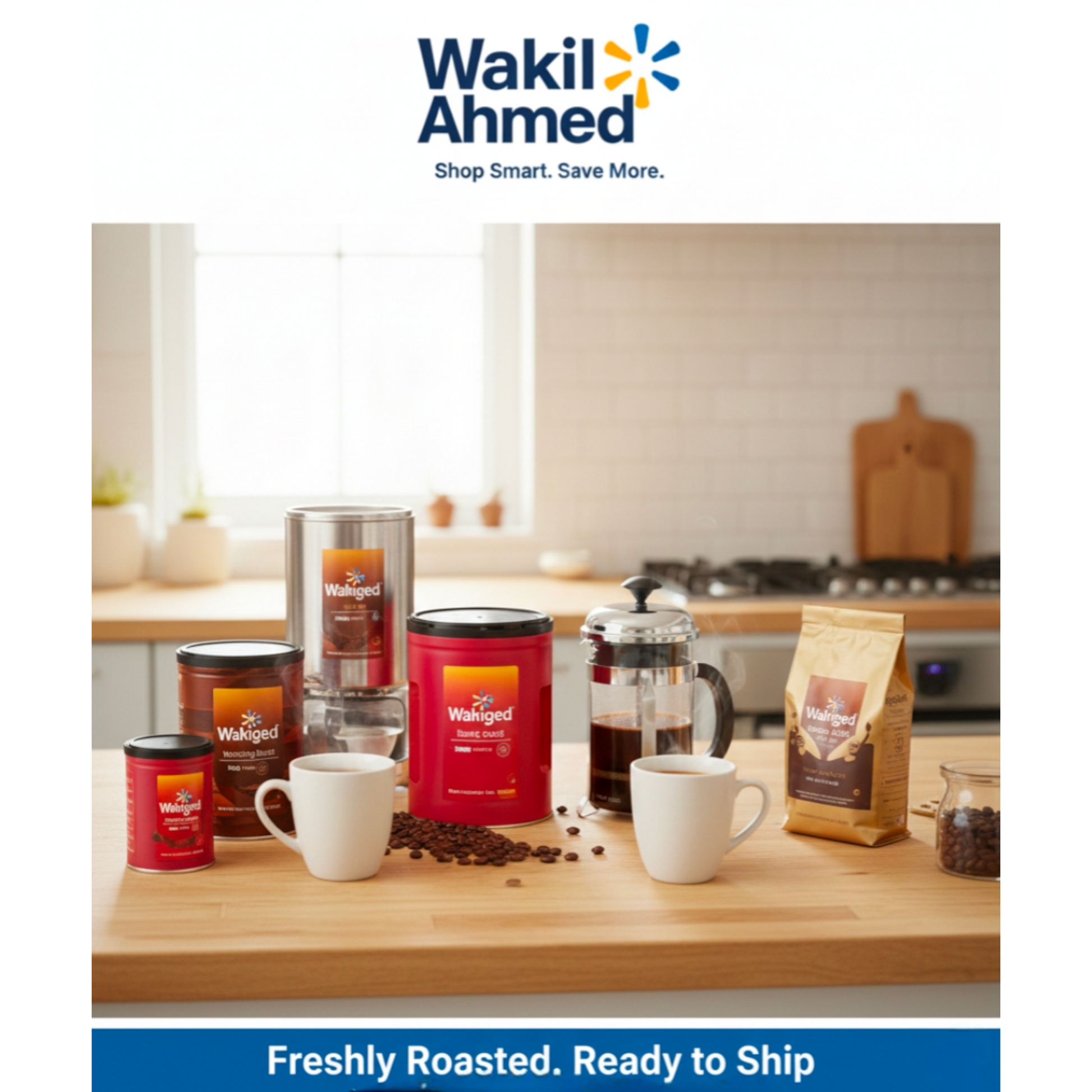 Wakil Ahmed coffee products on a kitchen counter with branding and text.