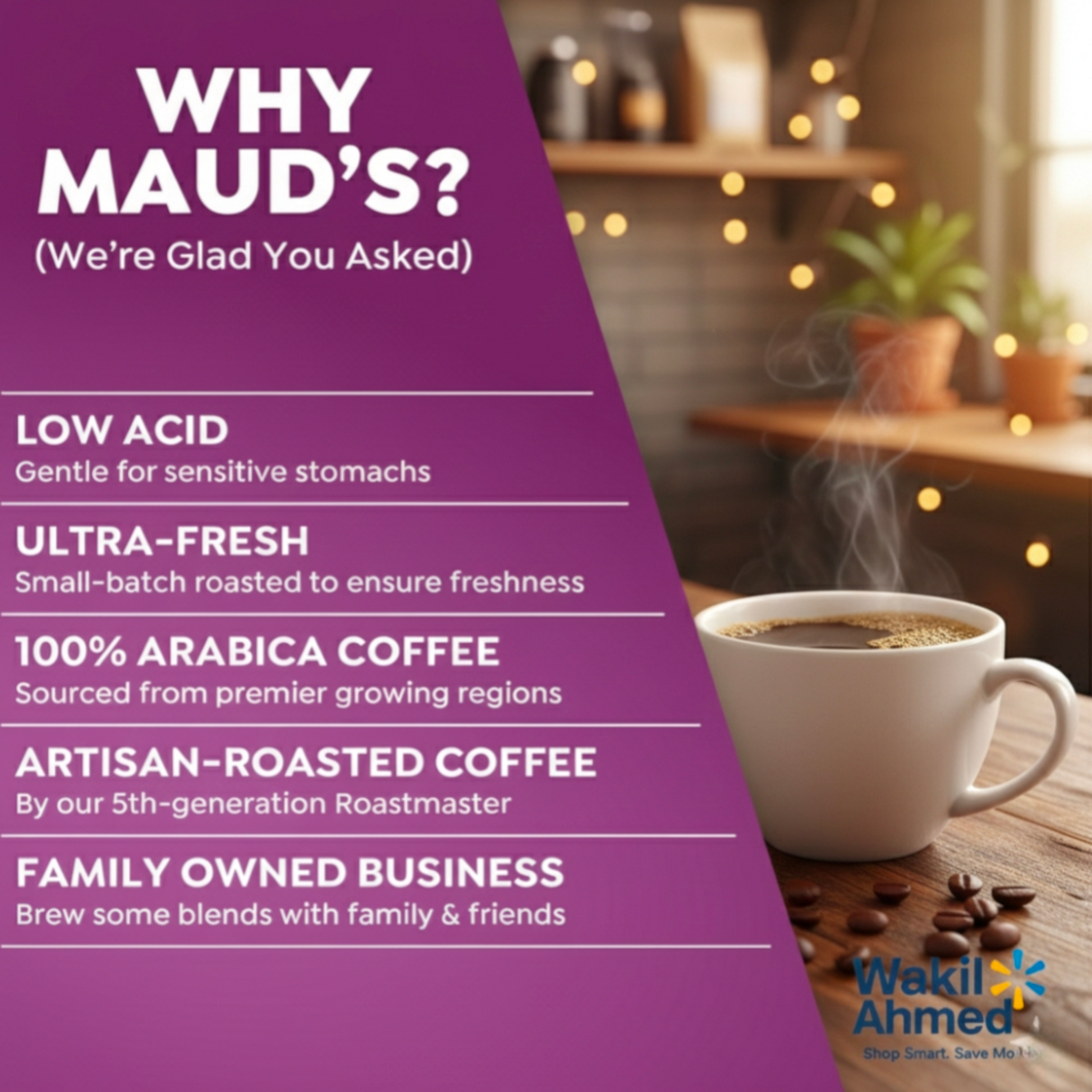   بِسْمِ ٱللَّٰهِ ٱلرَّحْمَٰنِ ٱلرَّحِيمِ
Inna fatahna laka fathan mubina
Advertisement for Maud's coffee with a cup of coffee and roasted coffee beans on a wooden table.